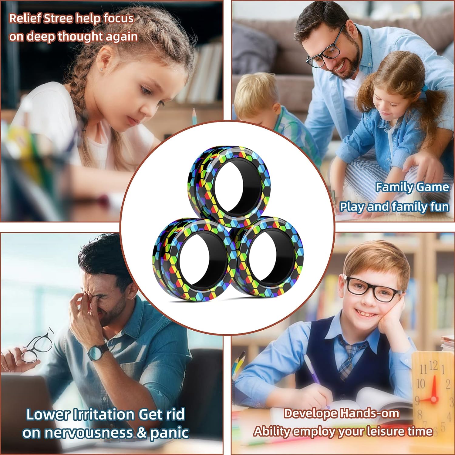Skiennix Magnetic Fidget Rings Set - Anxiety Relief Toys for Adults & Kids | 3-Piece Spinner Pack