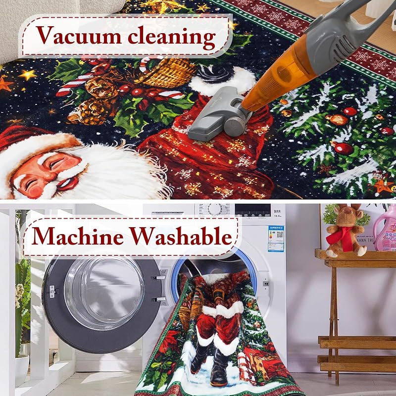 12' x 9' Santa Claus Christmas Rug for Living Room - Washable Faux Wool Non-Slip