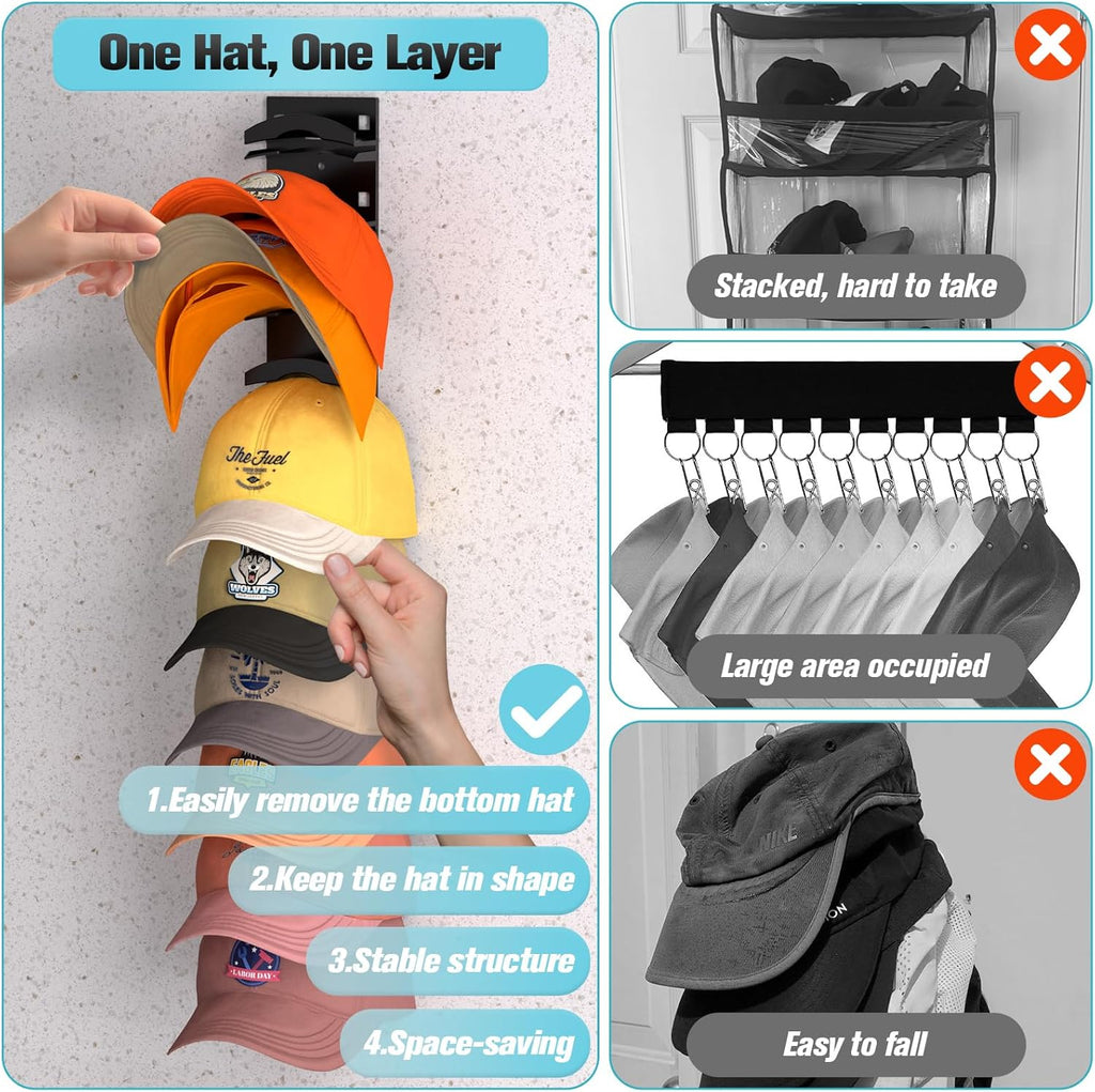 Skiennix Hat Organizer - Wall-Mounted Rack for Up to 20 Baseball Caps | Strong Adhesive, Black