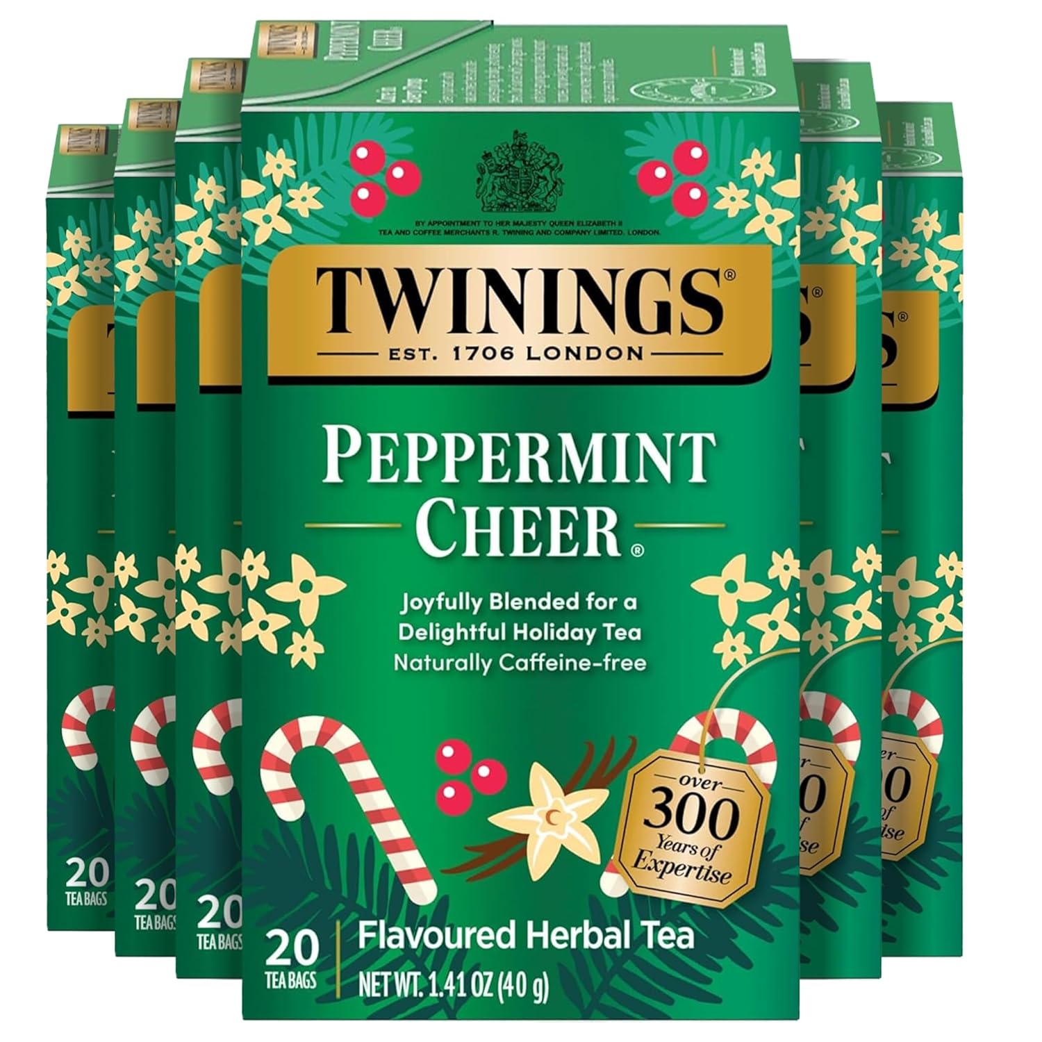Twinings Peppermint Cheer Herbal Tea - Caffeine-Free, 20 Individually Wrapped Bags (Pack of 6) | Refreshing Hot or Iced