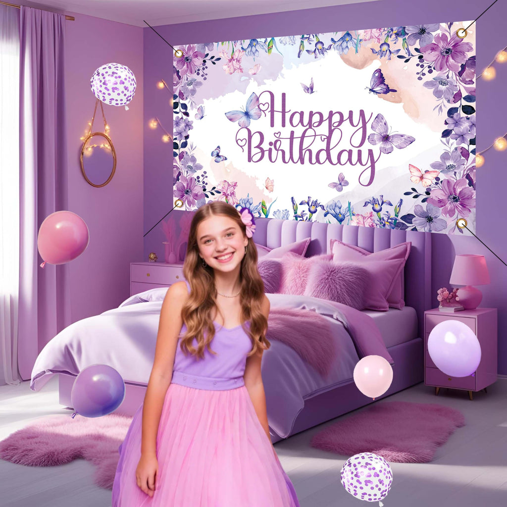 Purple Butterfly Birthday Decorations Balloon Arch Kit - Glitter Butterfly Party Supplies with Garland, Backdrop, Centerpieces for Women Girls Birthday Party Decor