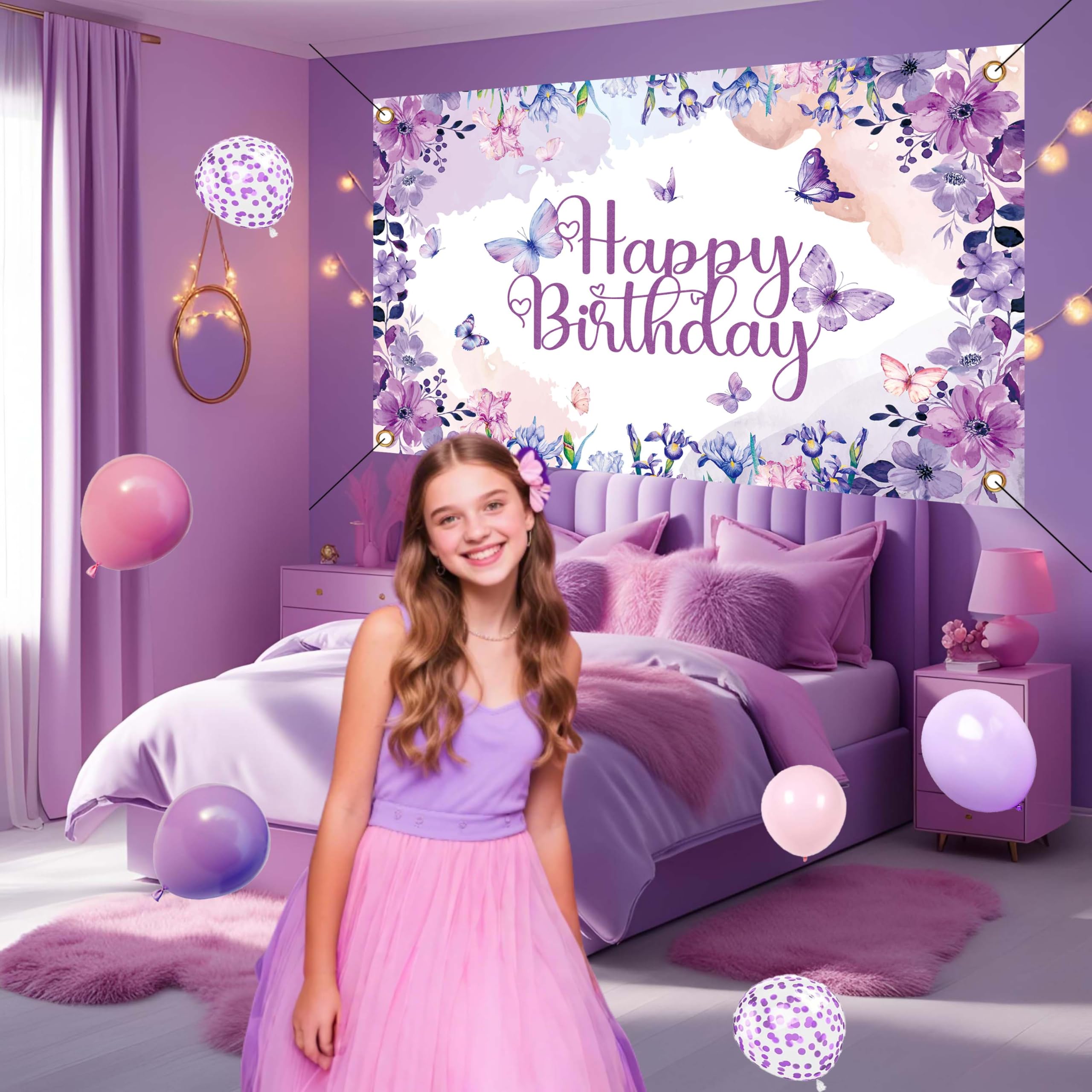 Purple Butterfly Birthday Decorations Balloon Arch Kit - Glitter Butterfly Party Supplies with Garland, Backdrop, Centerpieces for Women Girls Birthday Party Decor