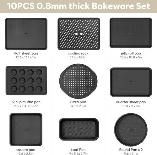 Fire More 10-Piece Nonstick Baking Pan Set - Durable 0.8MM Thick Bakeware with Cookie Sheets, Muffin Pan & More