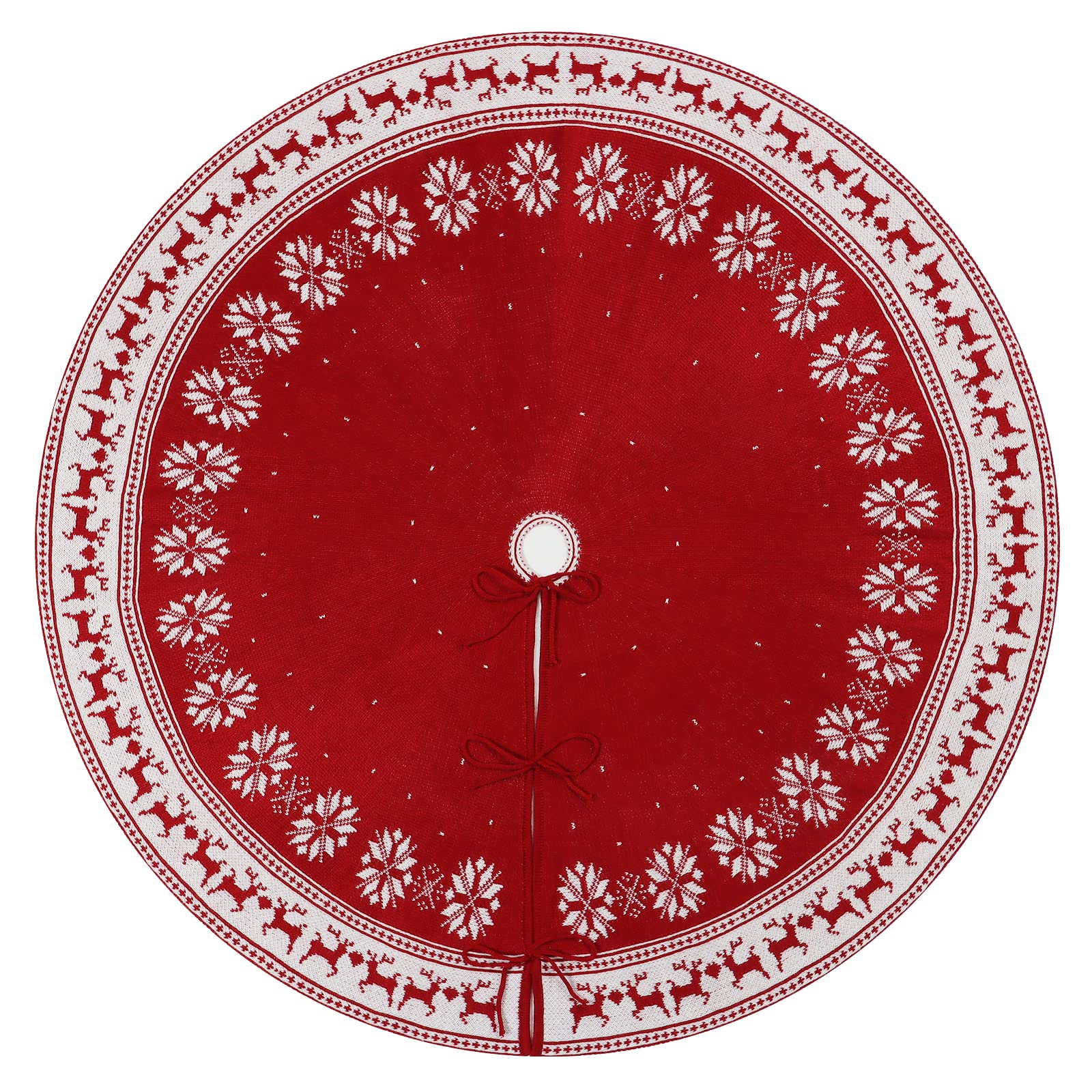 Dremisland Christmas Tree Skirt Rustic Christmas Tree Mat with Snowflake Reindeer Red Knitted Xmas Tree Skirts Thick Knitted Xmas Holiday Decoration New Year Home Party Decorations (Red, 36inch/90cm)