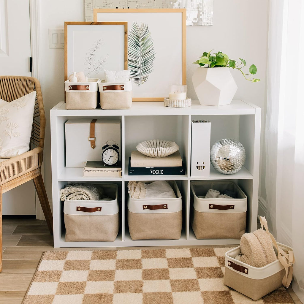 OrganiHaus Large Fabric Storage Baskets - 3 Pack Canvas Organizers for Closets | 15x11in Beige/Off-White