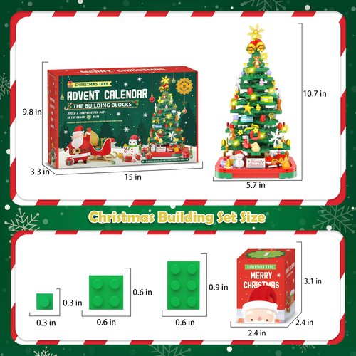 Advent Calendar 2025 Christmas Tree Building Toy Set with LED light, Christmas Countdown Calendar, 24 Days Building Block for Kids Adult Creative Gifts for Adults Teens Girls Ages 8+