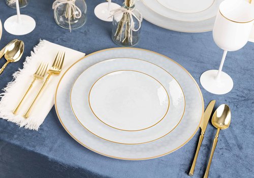 PARTY BARGAINS Plastic Plates with Gold Rim, 64-Pack Hammered Transparent White Disposable Party Plates, 7″ Appetizer & 10″ Dinner Plates for Weddings, Parties & Events