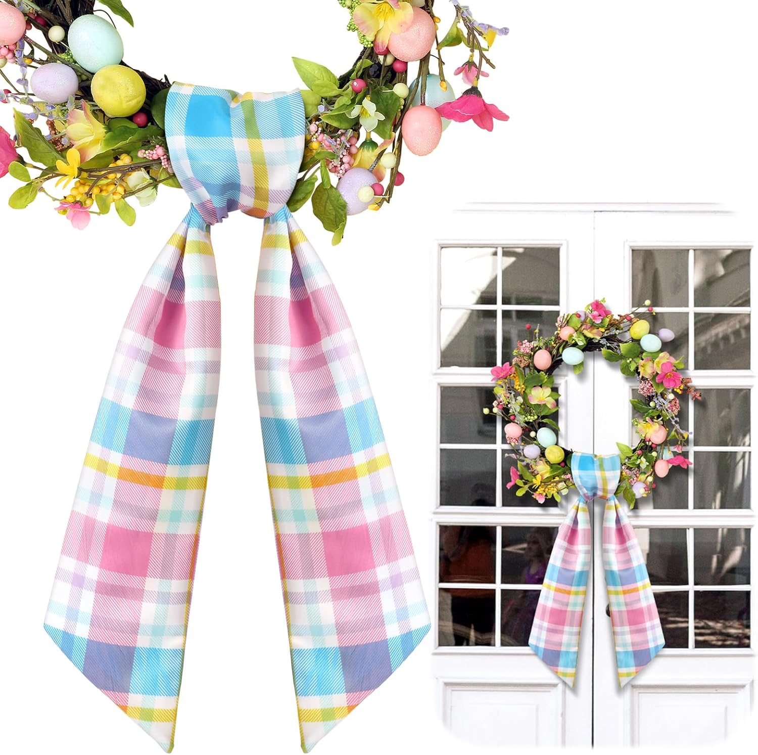 VitalCozy Easter Plaid Wreath Sash - Elegant Satin Ribbon for Monogrammed Decor | Indoor/Outdoor Use