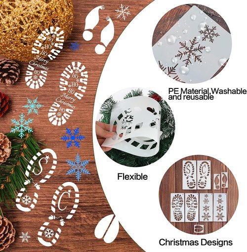 FOIMAS Christmas Santa Footprint Stencil Set - 9 Large Snowflake Templates for Festive Floor Decor
