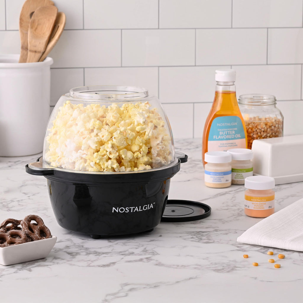 Nostalgia Non Stick Stirring Popcorn Maker for 8 Cups of Theatre Style Popcorn with Hot Oil - Dual-Use Lid & Serving Bowl - Quick Heat Technology & Cool Touch Handles - Ez Store - Black