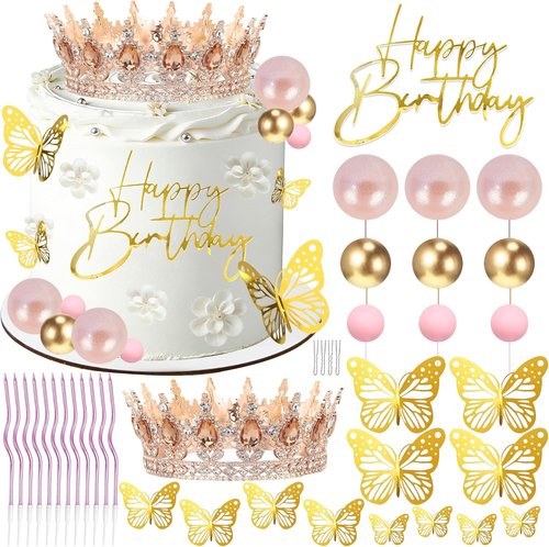 AMZVALU Crown Cake Topper - Elegant Birthday Decoration for Women | Rose Gold & Peach Design