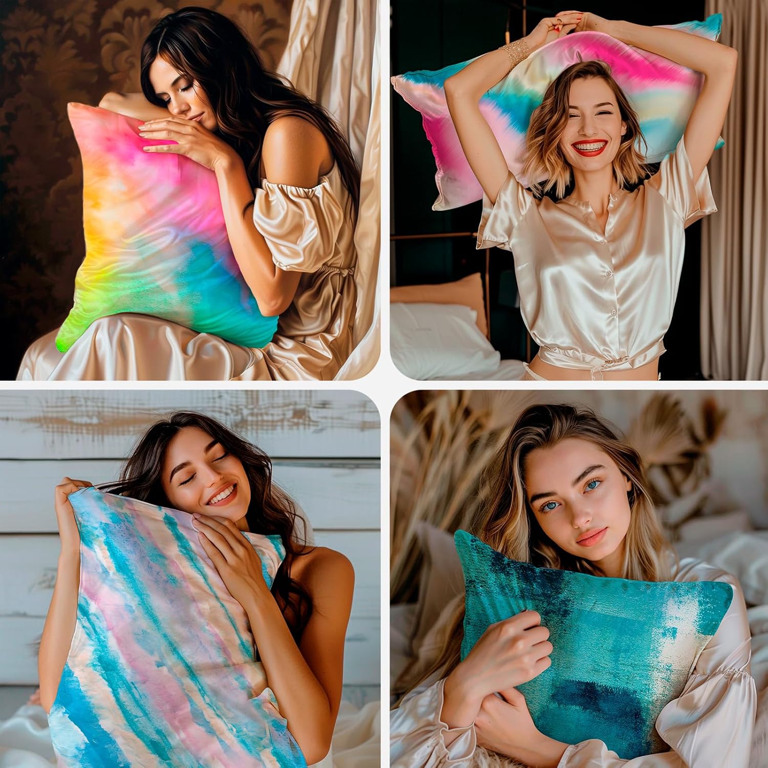 Skiennix Satin Pillowcases - Soft & Cooling for Hair and Skin | Standard Size Set of 2 - Rainbow Tie Dye