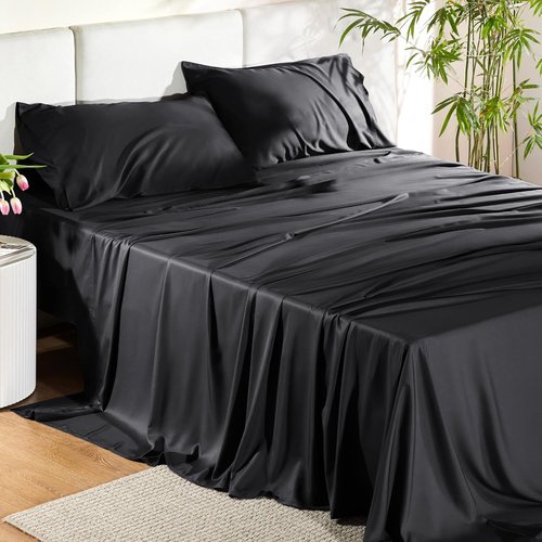 Bedsure Cooling California King Sheet Set - Breathable Rayon from Bamboo, Soft & Luxurious, Deep Pocket Black