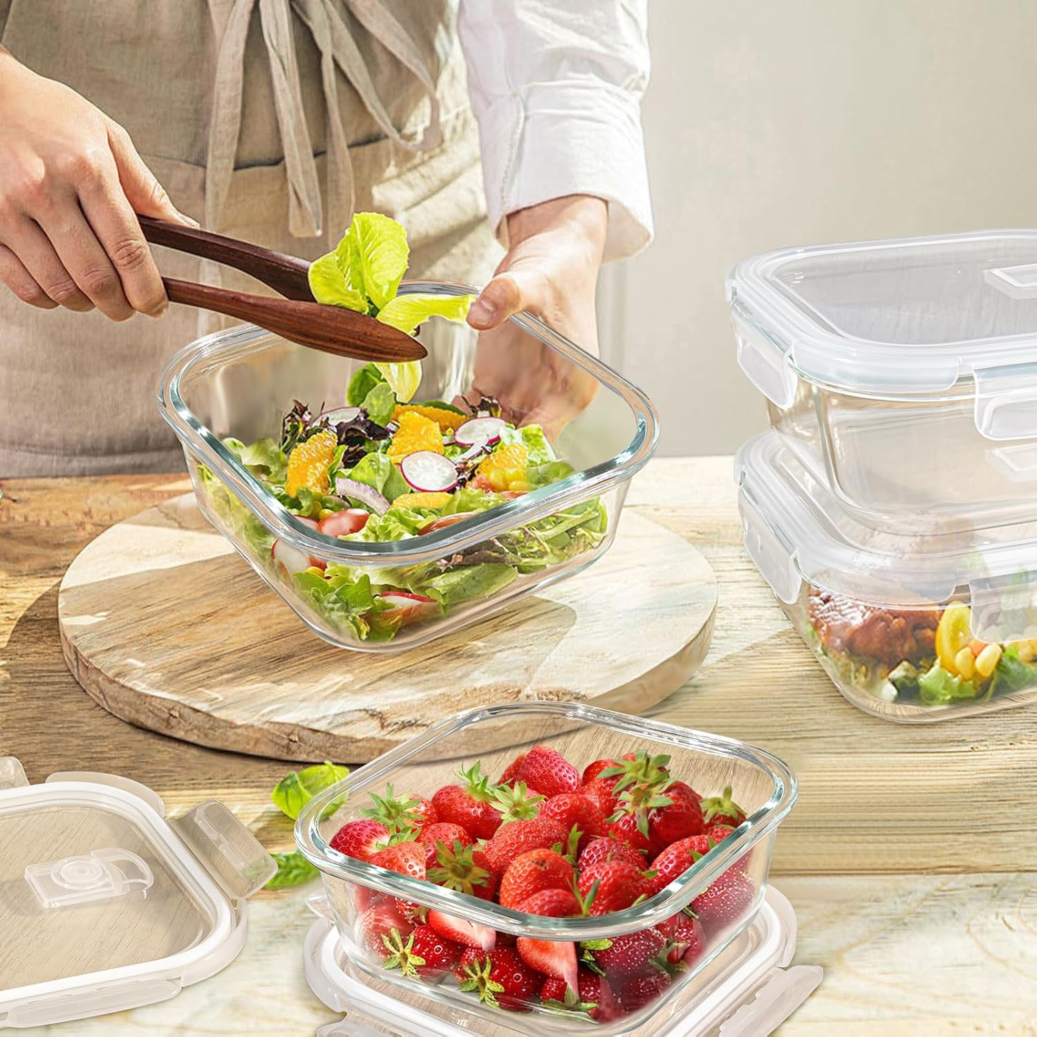 Skiennix Square Glass Containers - 24oz Borosilicate Food Storage Set | Freezer Safe, BPA Free, 4 Pack