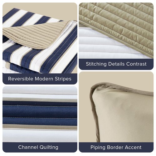 Comfort Spaces Quilt Set Trendy Casual Fun, Vibrant Color Design, Hypoallergenic All Season, Lightweight Coverlet Bedspread Cozy Kids Bedding & Sham Twin/Twin XL Verone White Blue Stripe 2 Piece