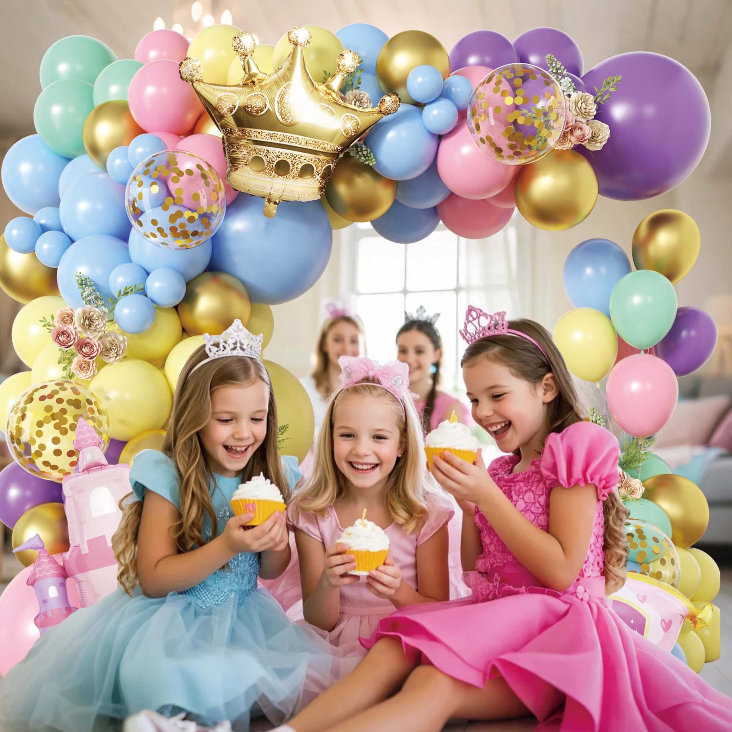 102pcs Princess Balloon Garland Arch Kit with Giant Pink Castle & Gold Crown Foil Balloons, 18/12/10/5 Inch Macaron Pastel Rainbow Latex for Girls Birthday, Fairytale Baby Shower