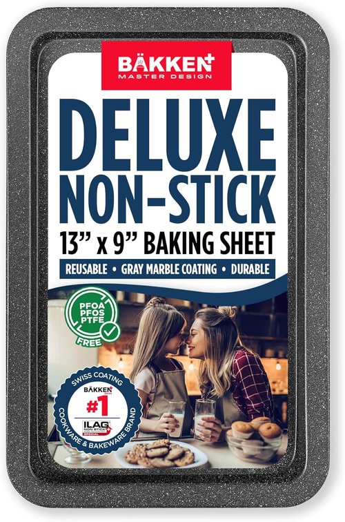BAKKEN Nonstick Baking Pans - Commercial Grade Carbon Steel Cookie Sheet, 13.18" x 8.66", Oven Safe to 450°F, Gray Marble