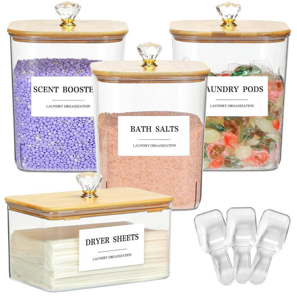 4 Pack Clear Laundry Pods Container & Dryer Sheet Holder Set with Lid, Laundry Containers with Scoops & Labels, Laundry Room Organization and Storage for Laundry Detergent, Pods, Powder, Beads