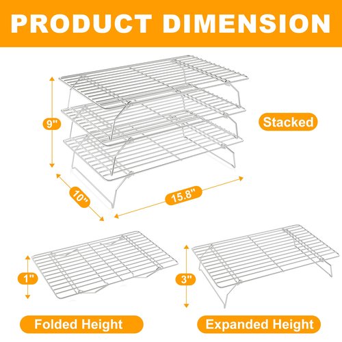 3 Tier Stackable Cooling Rack for Batch Cooling Cookie, Pizza, Cake-15.8”x 10”- Heavy Duty Cooling Racks for Cooking and Baking, Oven and Dishwasher Safe Baking Supplies-Silver