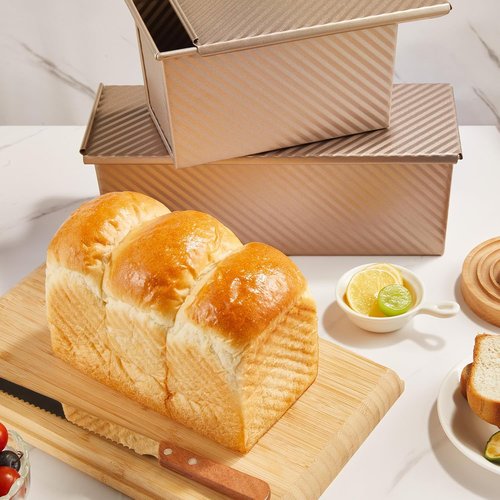 KITESSENSU Non-Stick Pullman Loaf Pan Set - 2 Pack with Lid, 1 lb Capacity, Gold Carbon Steel Bakeware