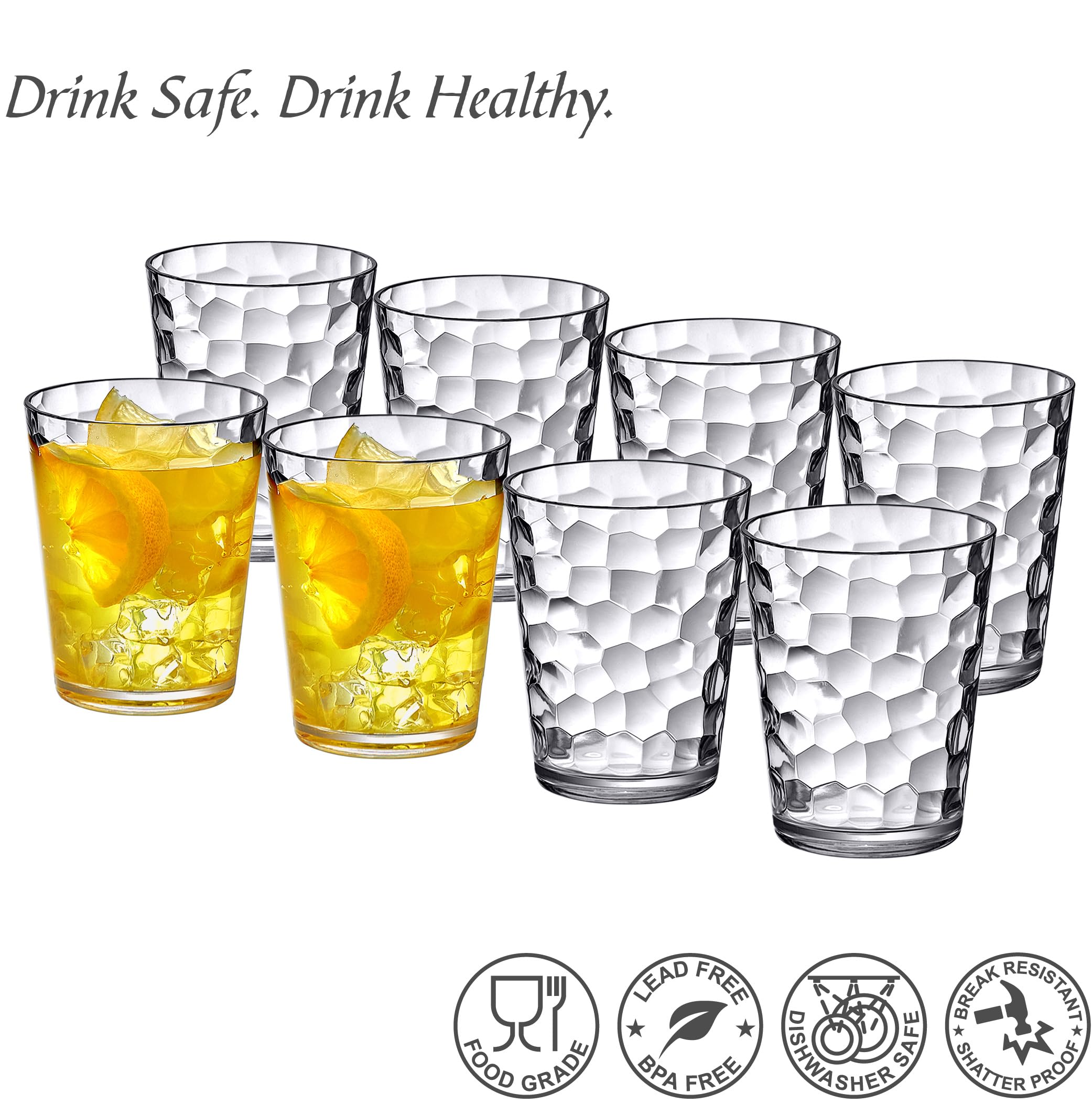 Amazing Abby - Iceberg - 10-Ounce Plastic Tumblers (Set of 8), Plastic Drinking Glasses, All-Clear Reusable Cups, Stackable, BPA-Free, Shatter-Proof, Dishwasher-Safe