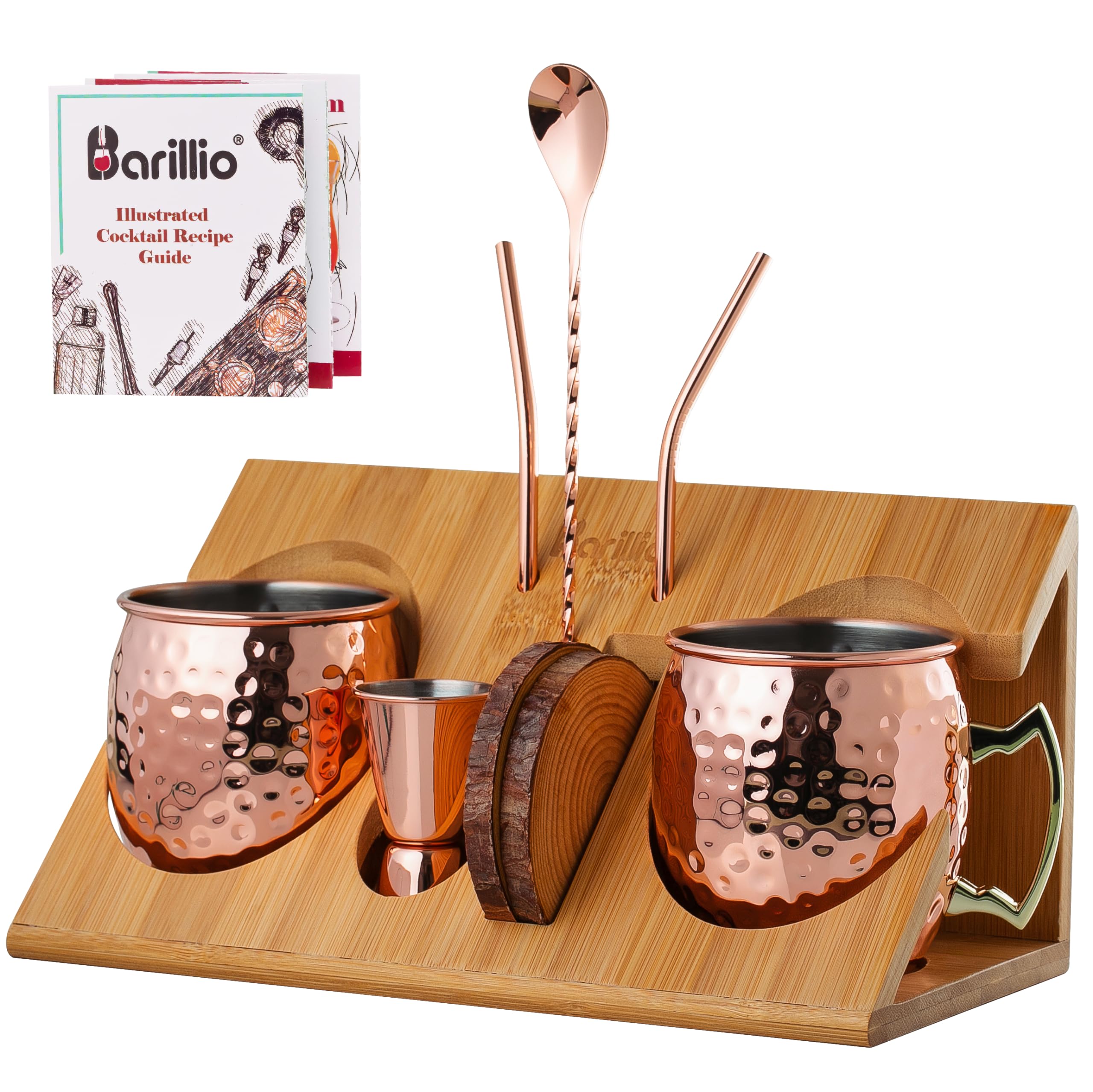 Barillio Moscow Mule Mugs Set - 2 Stainless Steel, Copper-Plated Cocktail Mugs with Bamboo Stand - Food-Safe, Moscow Mule Kit with Copper Cups, Drinking Straws and Mixing Spoon - 2 x 18 Oz