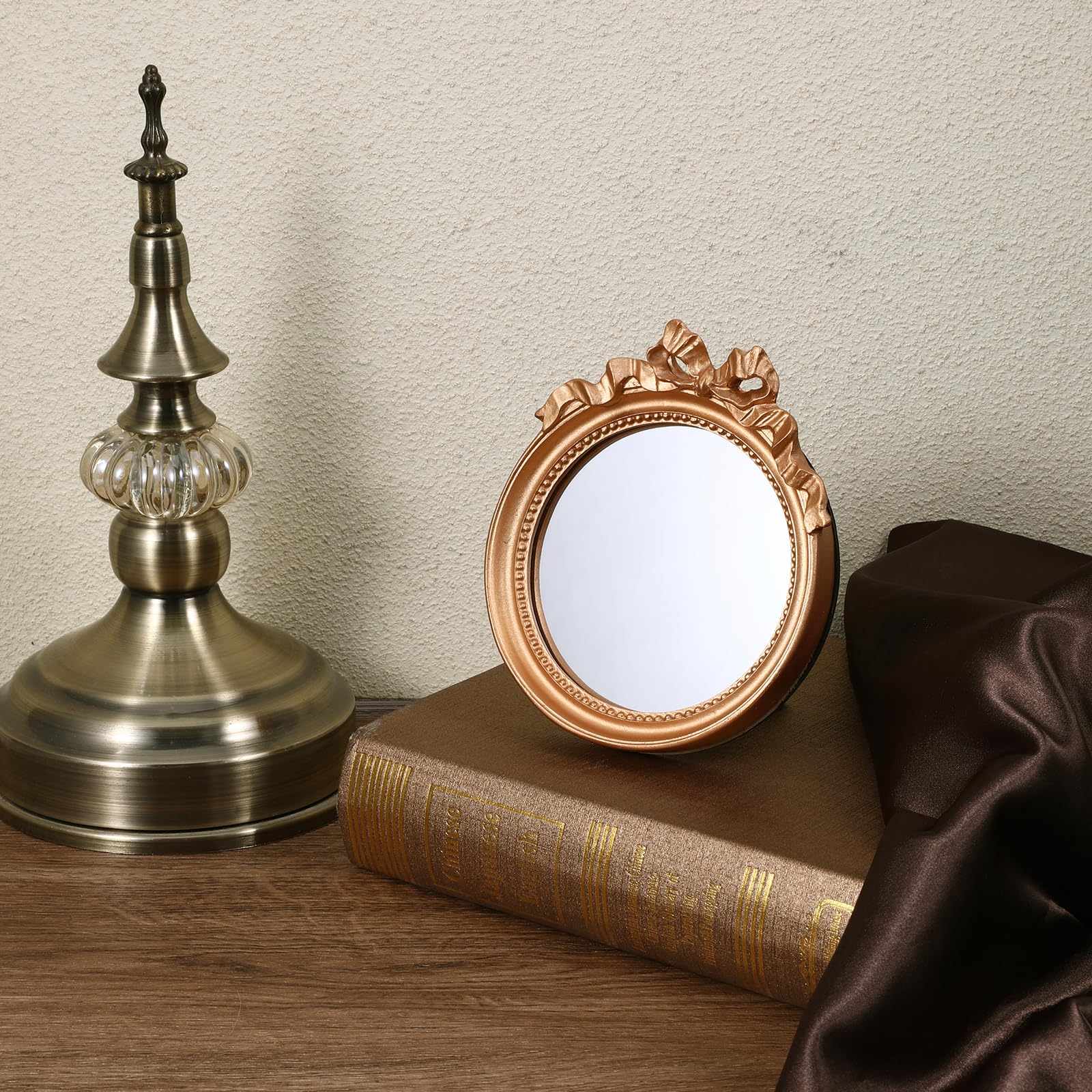 Small Wall Mirror 4.2'' Gold Vintage Makeup Desk Mirror Traditional Roundness Table Mirror Antique Mirror with Resin Frame Decorative Hanging Mirror for Bedroom Bathroom Tabletop Wall