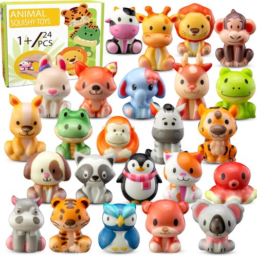 DMIGHT Safari Animal Squishy Toys - 24PCS Party Favors for Kids | Goodie Bag Stuffers & Birthday Gifts