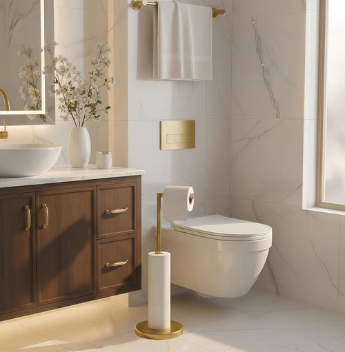 FORIOUS Toilet Paper Holder - Modern Freestanding Tissue Roll Stand in Brushed Gold - Durable 304 Stainless Steel, Holds 4 Rolls