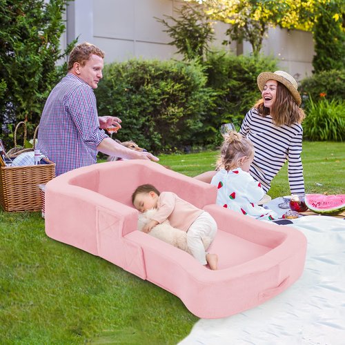 whiffee Toddler Travel Bed, 2-in-1 Foldable Portable Toddler Bed Sofa Chair, Soft Baby Kids Travel Floor Cot with Washable Covers Safety Foam Raised Bumper for Camping Hotel Sleeping (Pink)