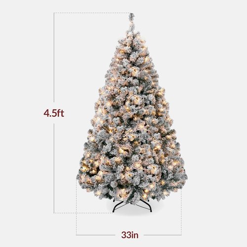 Best Choice Products Pre-Lit Artificial Christmas Tree - 4.5ft Snow Flocked Pine with Easy Assembly & Metal Stand