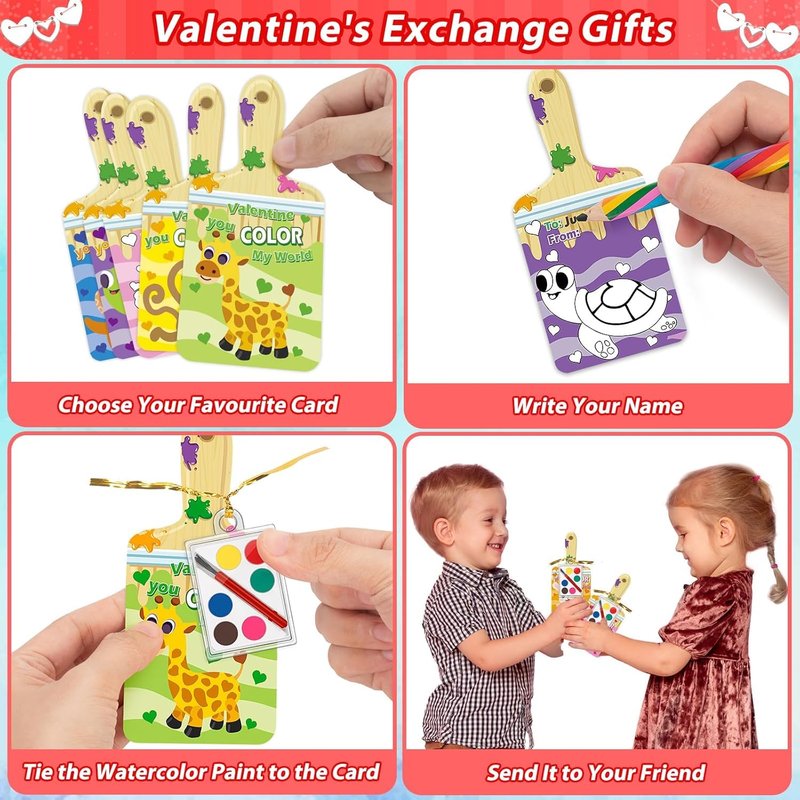 ABERLLS Valentines Day Cards for Kids School, 24 Pack Watercolor Paint Sets with Greeting Cards, Valentines Day Gifts for Kids Classroom Exchange Gifts, Valentine Party Favors for Boys and Girls