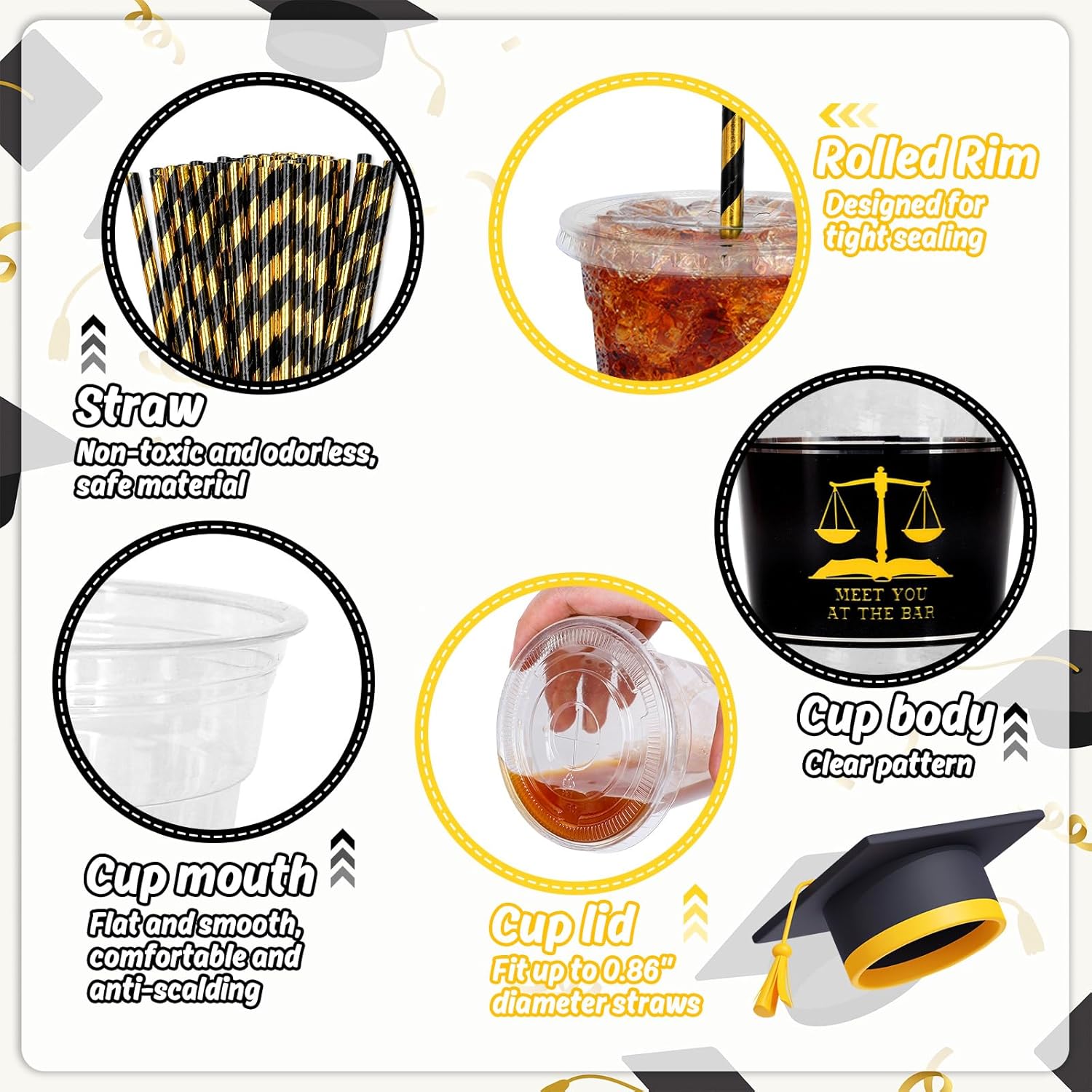 Whaline 50Pcs 12Oz Law School Graduation Cups - Disposable Plastic with Lids & Straws for Celebrations