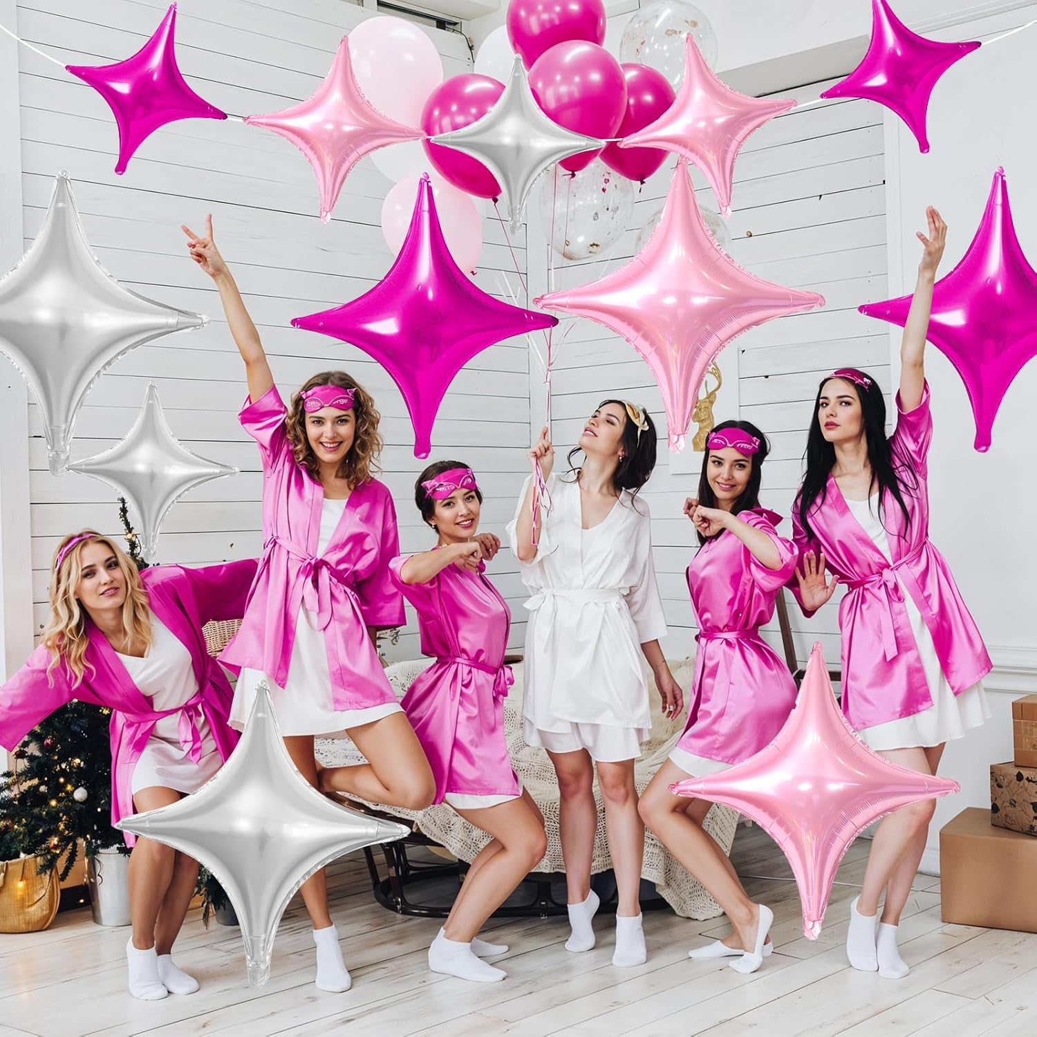 Skiennix Pink Silver Star Balloons - 12 Pcs Foil Balloons in 26 Inch & 10 Inch for Birthday & Anniversary Decor