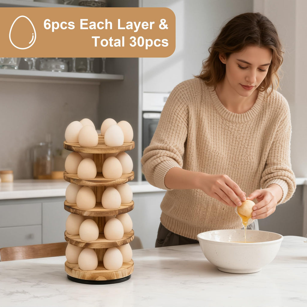 HOMELYSTBO Wooden Fresh Egg Holder Countertop, 5 Layer Rotating Countertop Egg Holder for Fresh Eggs, Stackable with 30 Eggs for Countertop Kitchen, Pine