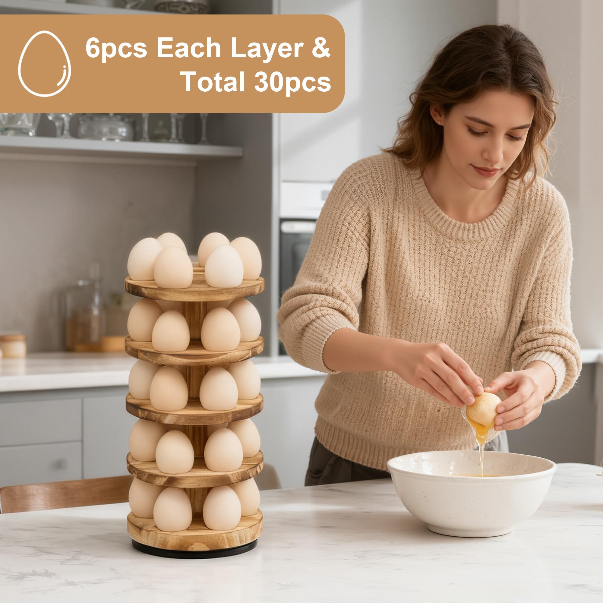 HOMELYSTBO Wooden Fresh Egg Holder Countertop, 5 Layer Rotating Countertop Egg Holder for Fresh Eggs, Stackable with 30 Eggs for Countertop Kitchen, Pine