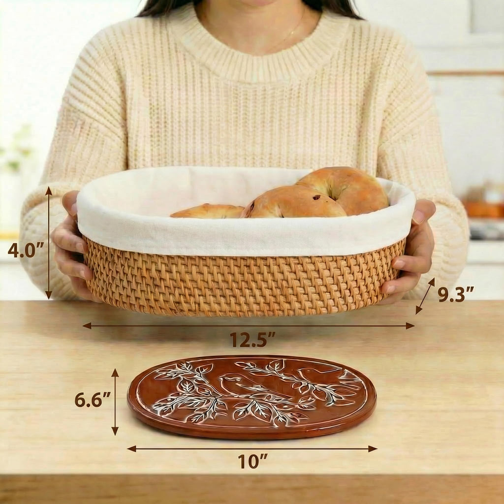 YANGQIHOME Bread Warmer Basket with Terracotta Warming Stone - Large Bread Basket for Sourdough, Tortillas, Rolls - Keeps Bread Warm 60+ Minutes - Includes Lid, Tongs & Liner