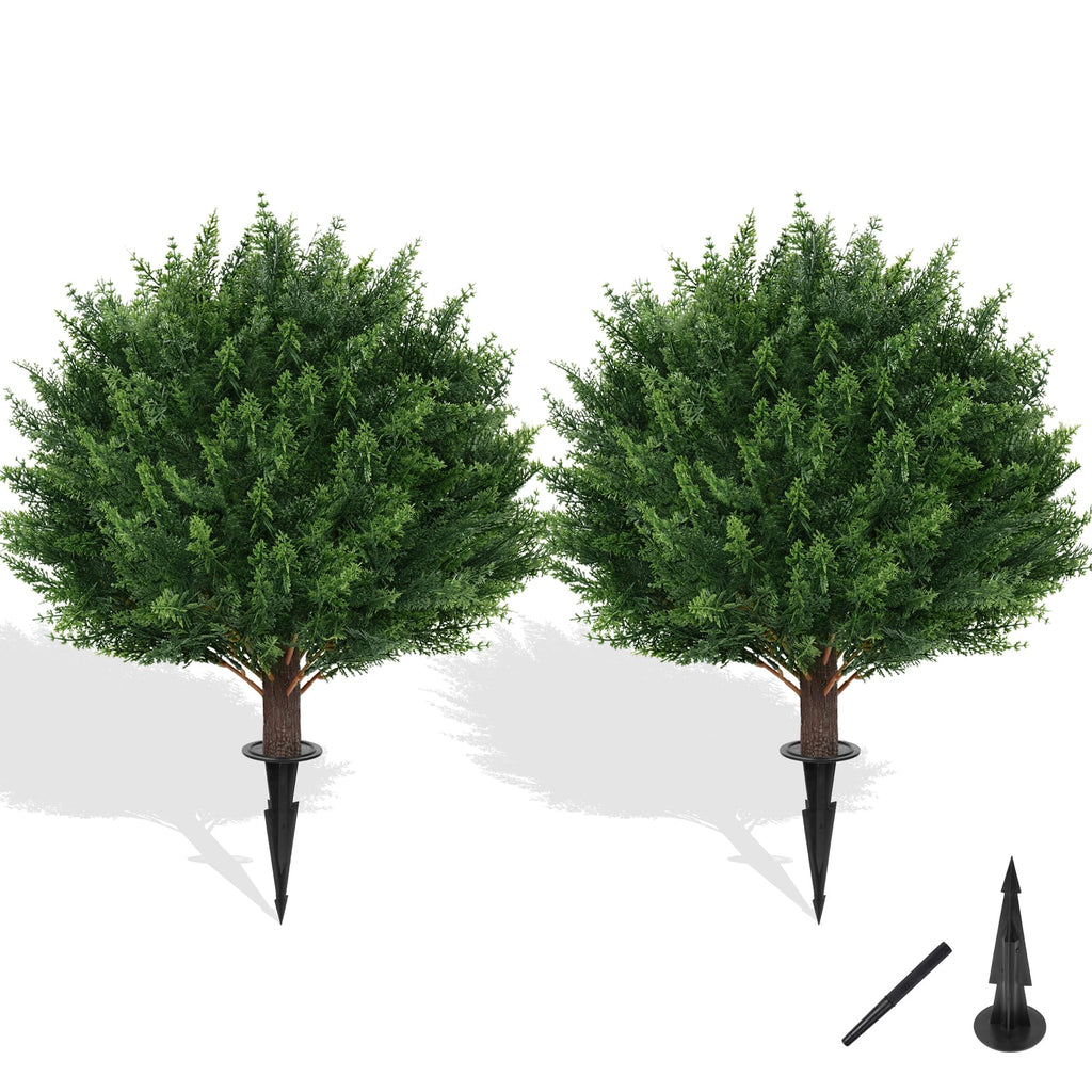 Grooy Artificial Cypress Topiary Tree with Ground Spike, Set of 2 Artificial Shrub Bushes, Fake Evergreen Tree for Porch, Artificial Plants for Outdoor Planters Indoor UV Resistant