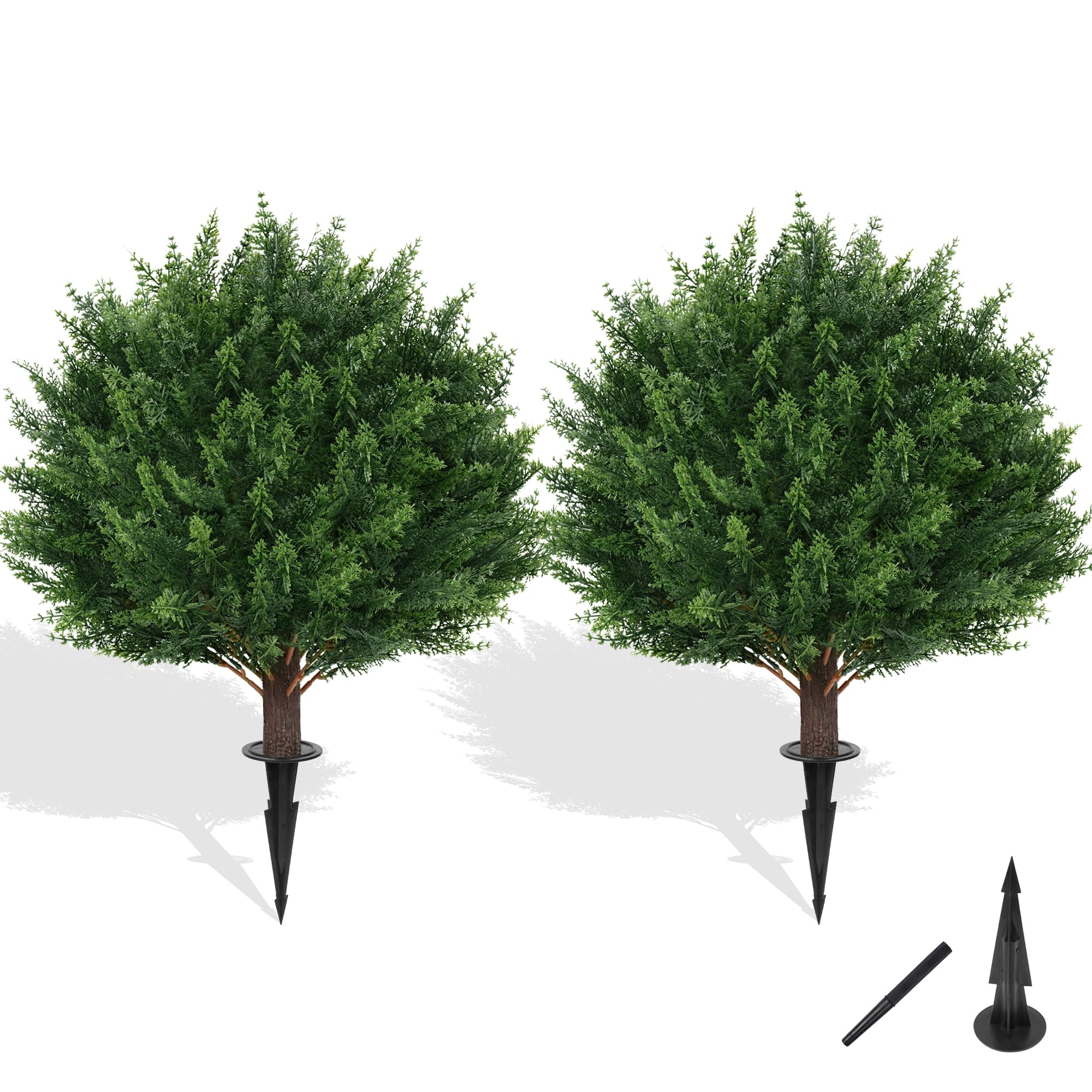Grooy Artificial Cypress Topiary Tree with Ground Spike, Set of 2 Artificial Shrub Bushes, Fake Evergreen Tree for Porch, Artificial Plants for Outdoor Planters Indoor UV Resistant