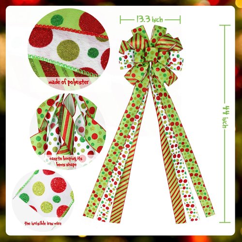 Wninbu Christmas Tree Topper Bow Wreath, 44 x 13 Inches Large Bow Tree Topper, Glitter Red and Green Christmas Wreath for Tree Indoor Outdoor Christmas Decoration