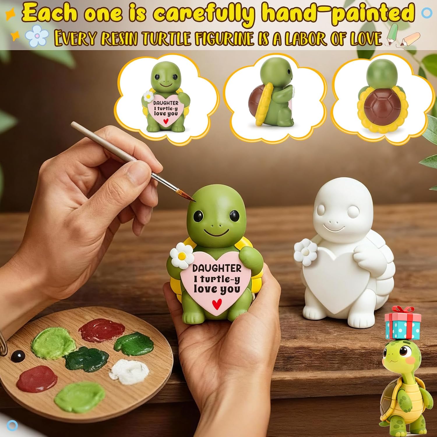 Skiennix Mini Resin Turtle Figurines - Cute Emotional Desk Decor for Mother's Day & Birthdays | Perfect Gift for Daughters & Teens