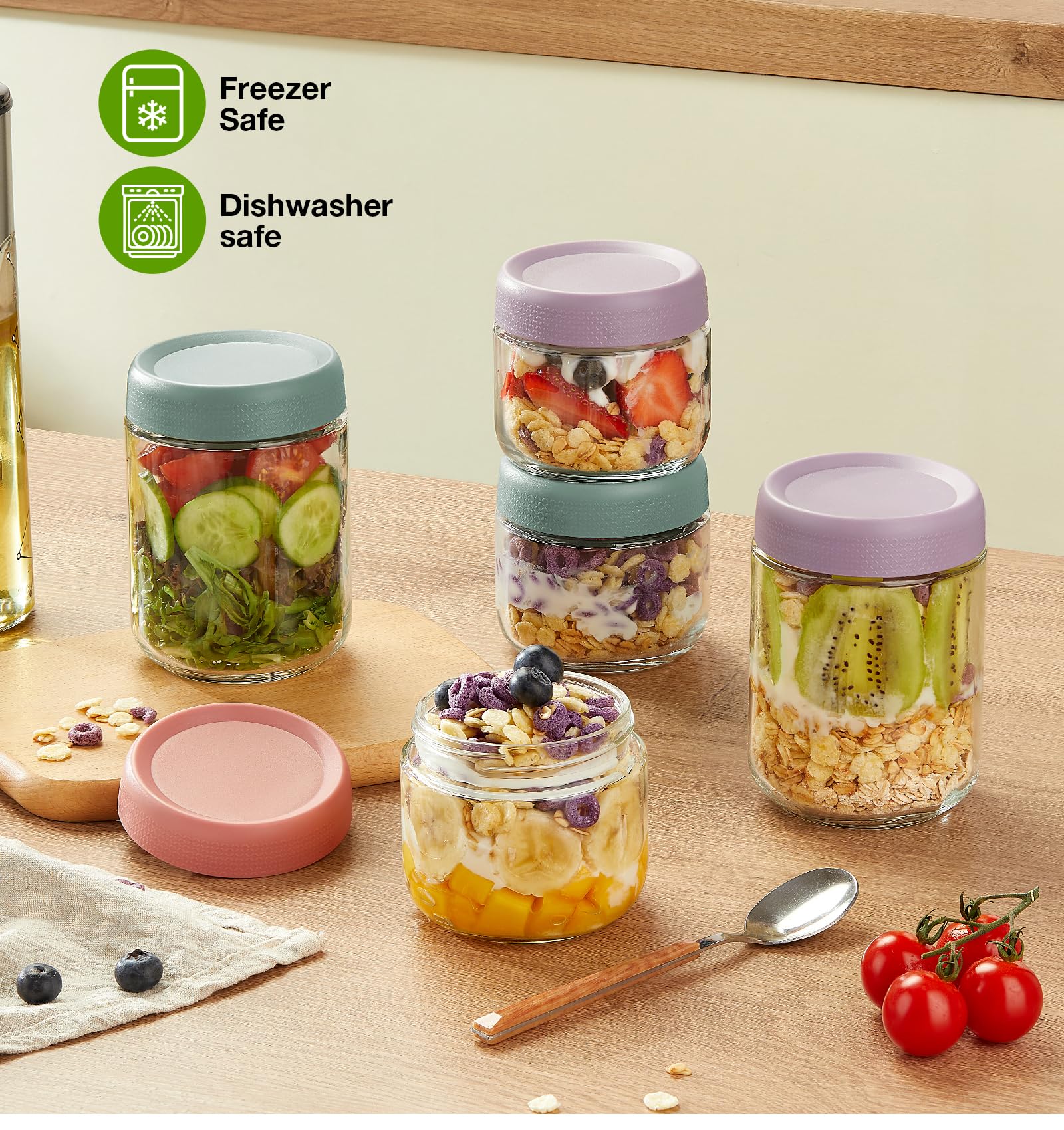 9 Pack Overnight Oats Containers with Lids, Large & Small Glass Mason Jars 16oz & 10oz & 4oz, Glass jars with Airtight Lids, Salad Meal Prep Jars for Food Storage, Overnight Oats Jars for Milk, Fruit