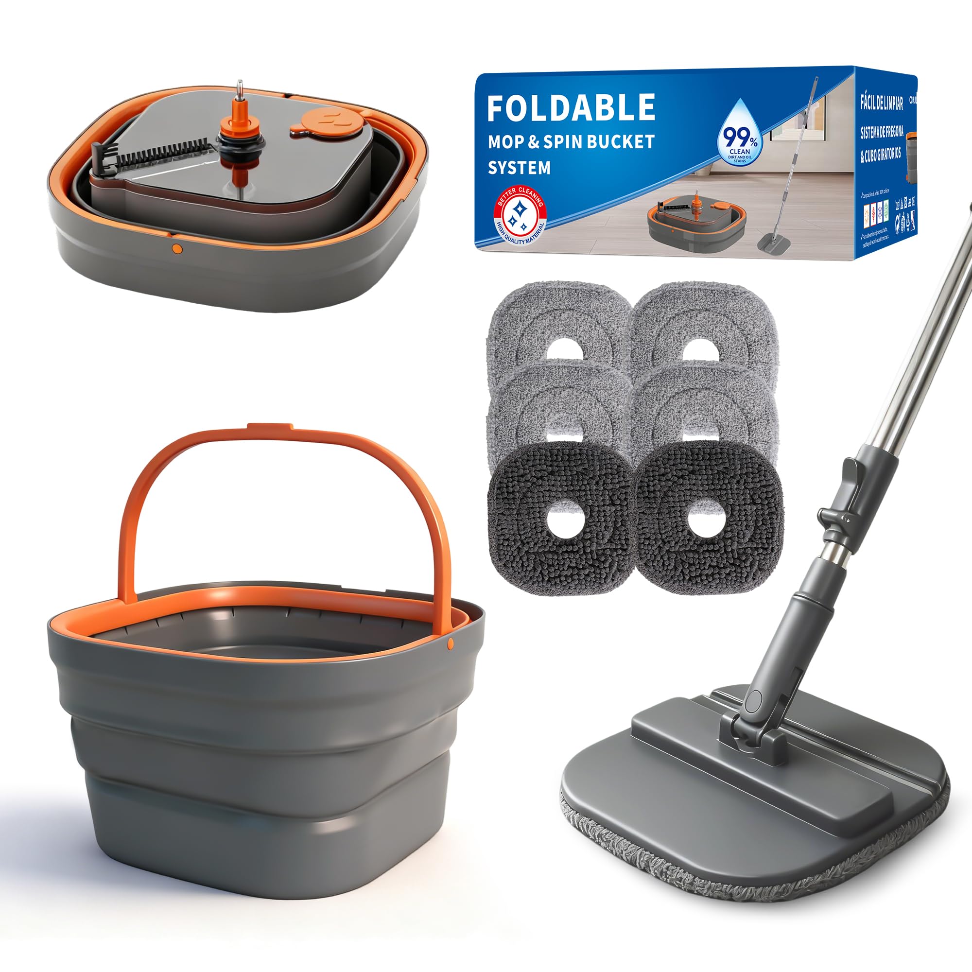 Collapsible Mop and Bucket Set, Spin Mop with Separate Dirty and Clean Water, 6 Replaceable Mopping Pads with Foldable Handle, Deep Cleaning Mops and Buckets for Household Use Floor Cleaning