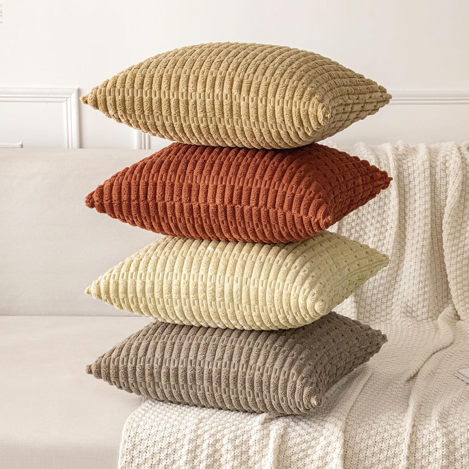 MIULEE Decorative Pillow Covers - Soft Dark Rust Corduroy | Pack of 2, 20x20 Inch, Boho Striped Design for Modern Farmhouse Decor