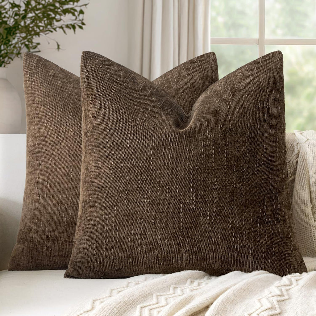 Woaboy Set of 2 Textured Throw Pillow Covers Decorative Soft Accent Square Chenille Pillowcases Neutral Farmhouse Modern Home Decor for Couch Sofa Bedroom Living Room 20x20 Inch,Brown Chocolate