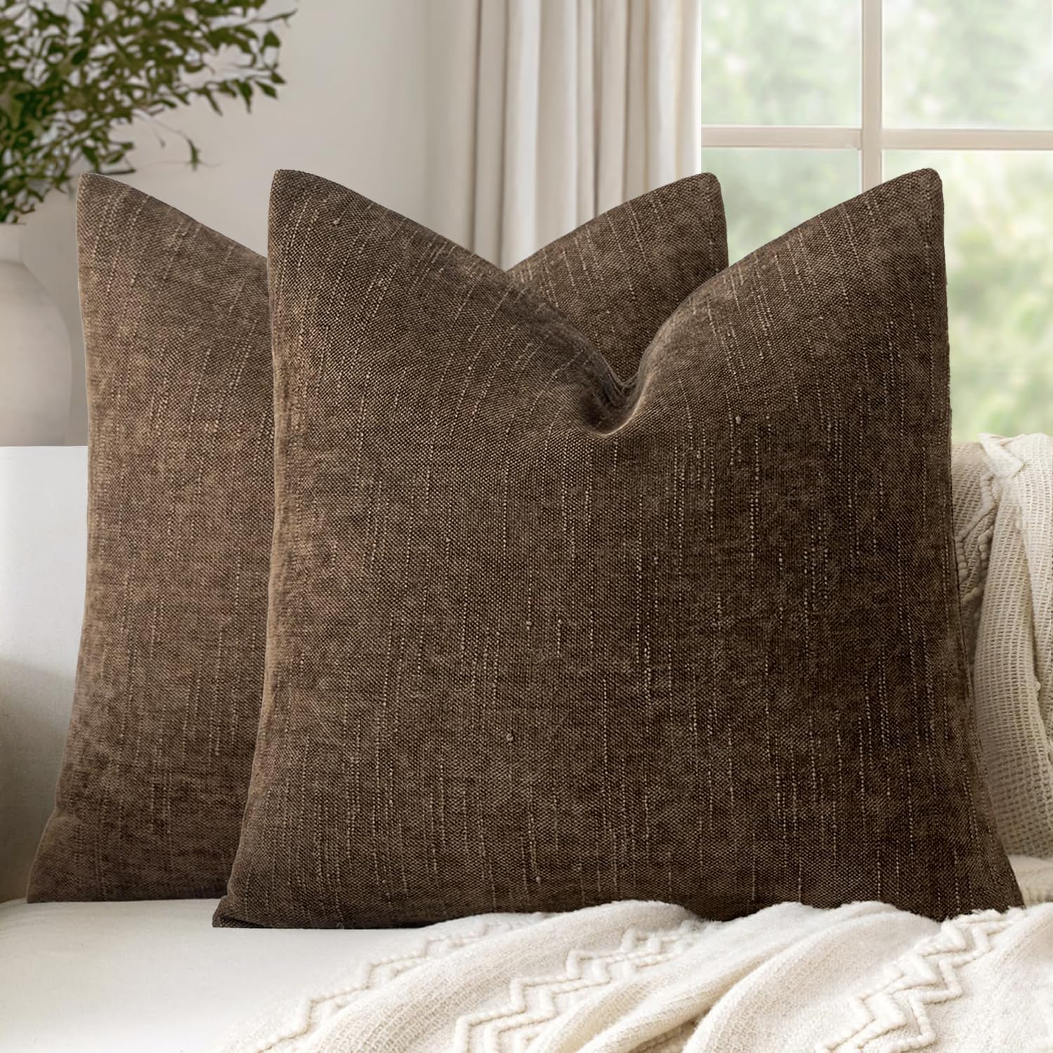 Woaboy Set of 2 Textured Throw Pillow Covers Decorative Soft Accent Square Chenille Pillowcases Neutral Farmhouse Modern Home Decor for Couch Sofa Bedroom Living Room 20x20 Inch,Brown Chocolate