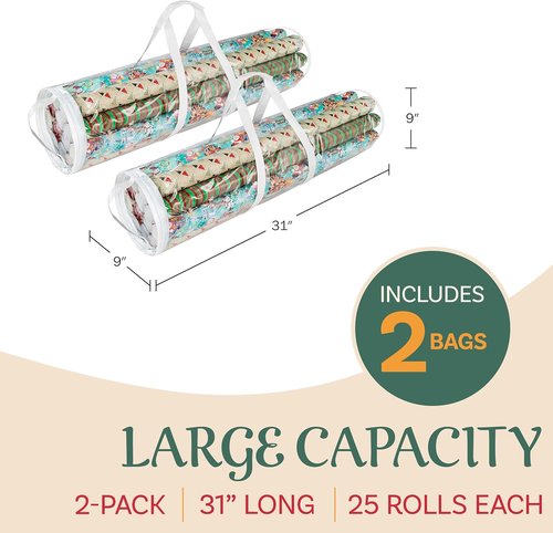 Elf Stor Wrapping Paper Storage Bags - Clear Totes with Handles for 30-Inch Roll Organization