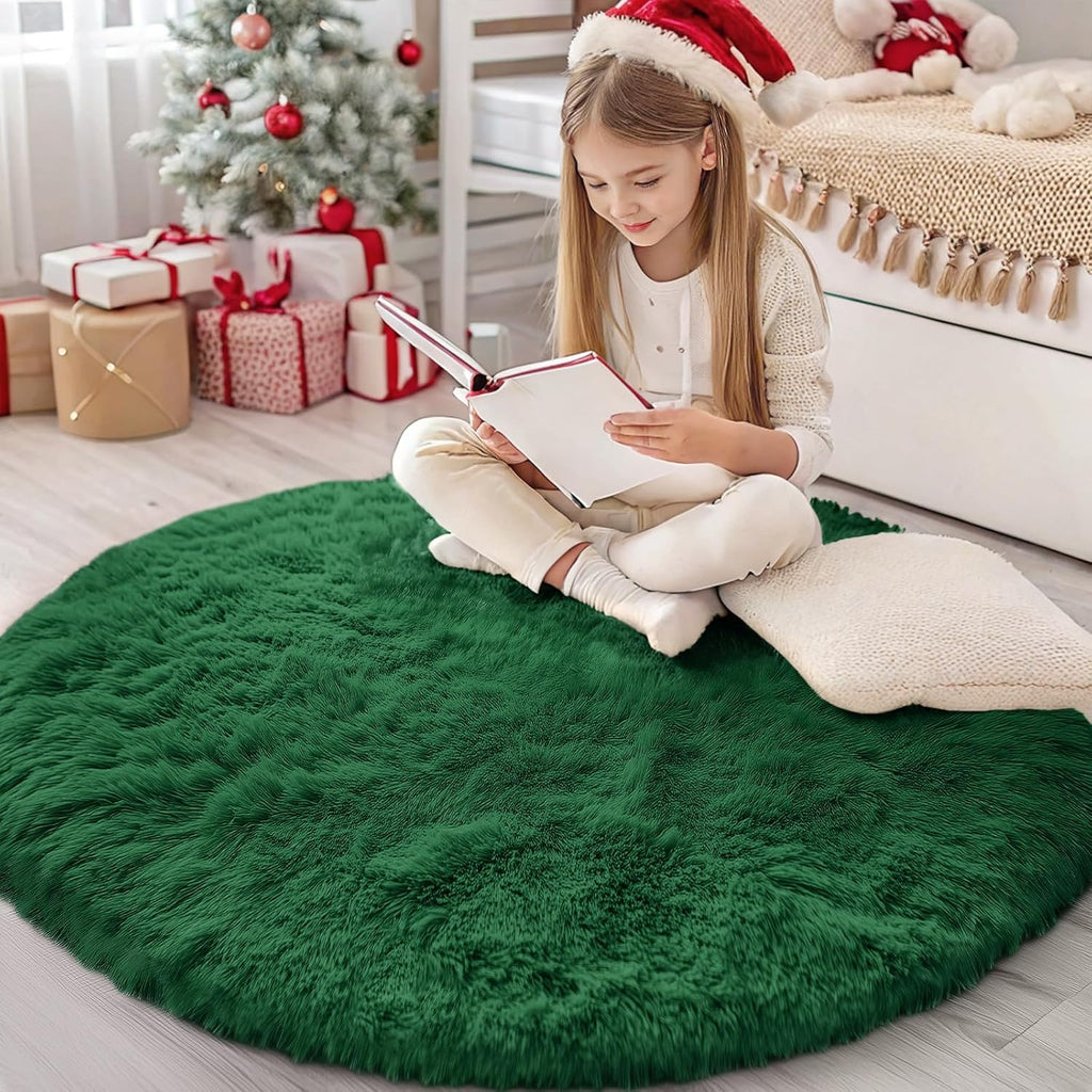 OLANLY Dark Green Round Rug - Soft, Fluffy Shaggy Carpet | 4 ft Machine Washable Area Rug for Bedroom & Living Room Decor