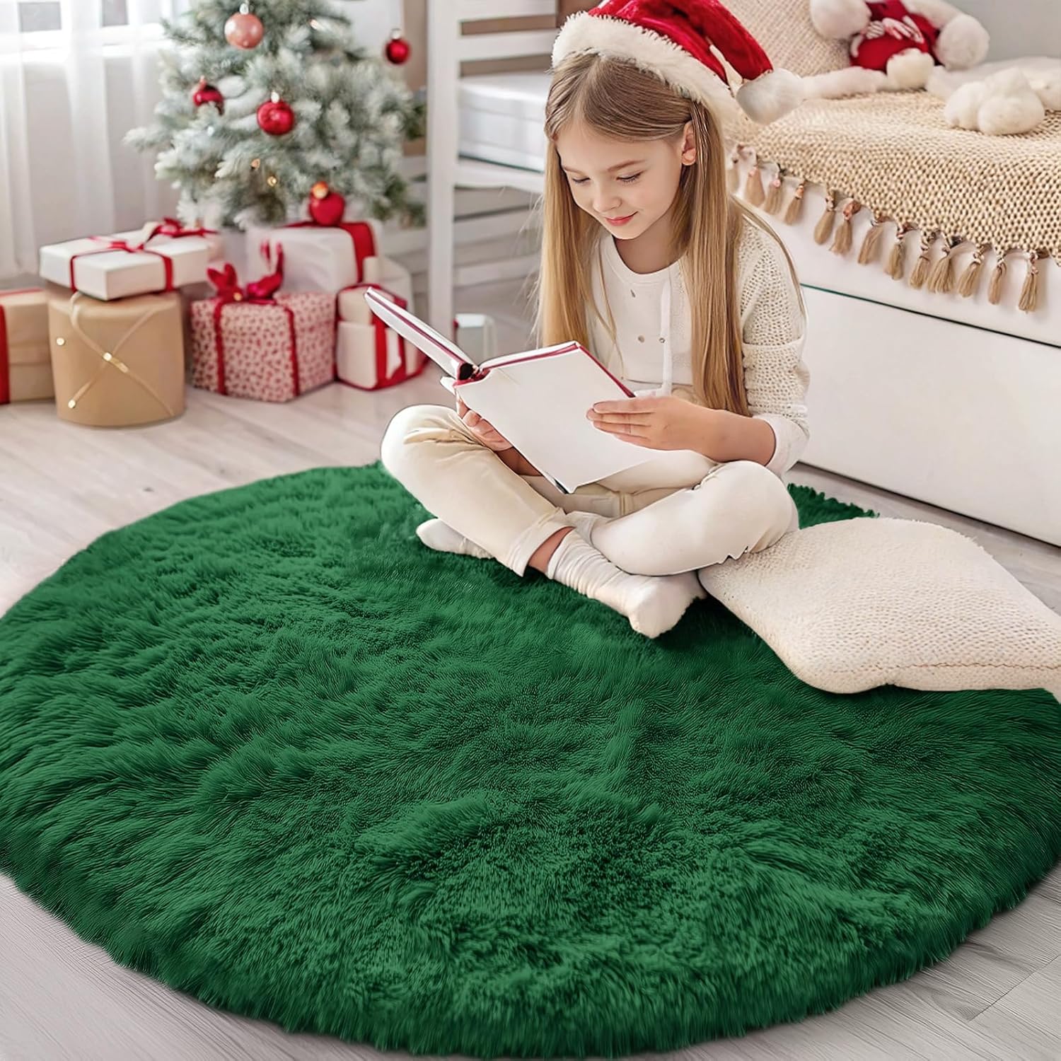 OLANLY Dark Green Round Rug - Soft, Fluffy Shaggy Carpet | 4 ft Machine Washable Area Rug for Bedroom & Living Room Decor