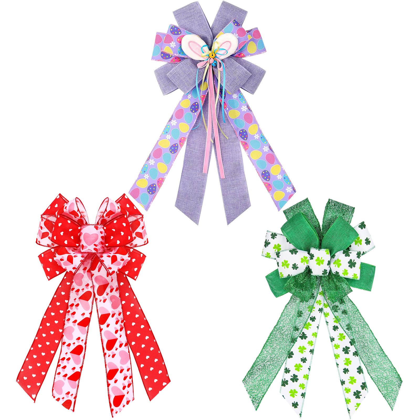 Suncalla 3 Pack Large Spring Holiday Wreath Bows Pre Tied Heart Shamrocks St. Patrick's Day Easter Egg Wired Ribbon Decorative Holiday Tree Topper Bow for Front Door Indoor Outdoor Decorations ()